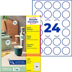 AVERY Zweckform Etiketten L3415-10 weiß 40,0  x 40,0 mm, 10 Blatt
