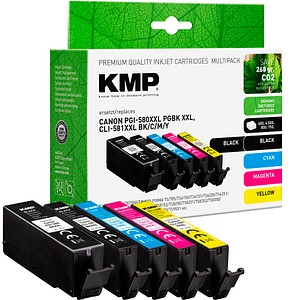 KMP  1x pigmentschwarz, 1x schwarz, 1x cyan, 1x magenta, 1x gelb Druckerpatronen kompatibel zu Canon PGI-580XXL PGBK, CLI 581XXL BK/C/M/Y, 5er-Set