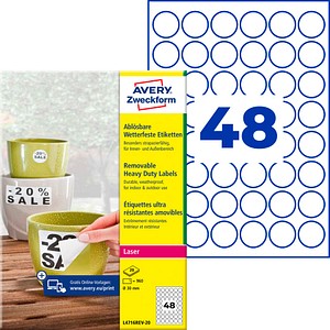AVERY Zweckform wetterfeste Folienetiketten L4716REV-20 weiß 30,0 x 30,0 mm, 20 Blatt