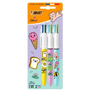 BIC 4-Farben-Kugelschreiber 4 Colours Kawai farbsortiert, Schreibfarbe: schwarz, blau, rot, grün, 3 St.