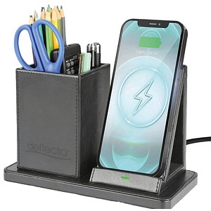 deflecto Schreibtisch-Organizer mit Qi-Ladefunktion schwarz Lederimitat 21,0 x 10,5 x 14,3 cm