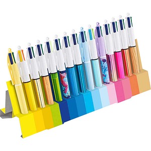 BIC 4-Farben-Kugelschreiber 4 Colours bunt, Schreibfarbe: blau, rot, grün, schwarz, pink, violett, türkis, limettengrün, orange, gelb, neongelb, 15 St.