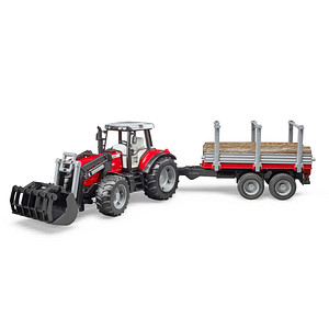 bruder Traktor Massey Ferguson 7480 mit Frontlader und Holztransportanhänger 2046 Spielzeugauto