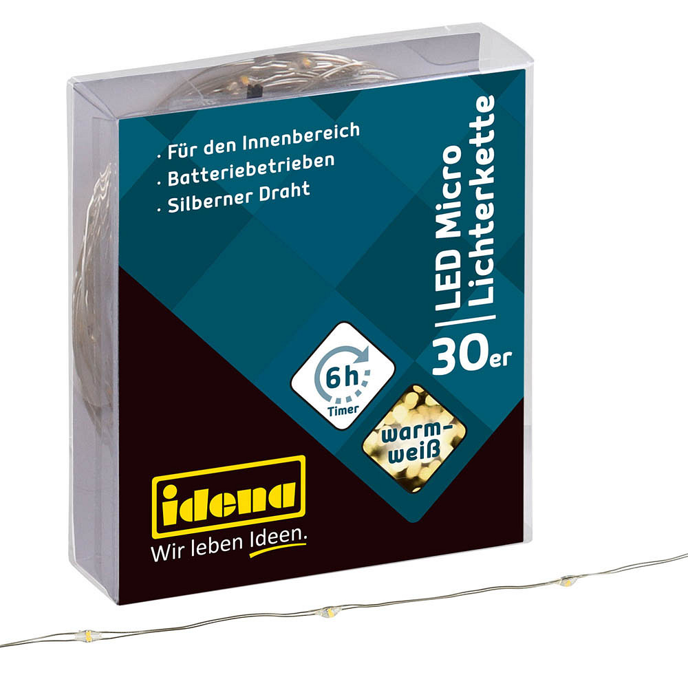 Idena 30er Micro LED Lichterkette silber 3,2 m Printus