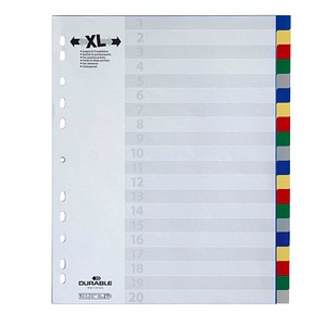 DURABLE Ordnerregister Vollformat, Überbreite blanko blau, gelb, rot, grün, grau 20-teilig, 1 Satz