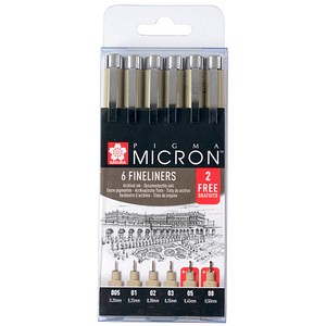 4 + 2 GRATIS: Sakura Pigma Micron Fineliner schwarz 0,2 + 0,25 + 0,3 + 0,35 + 0,45 + 0,5 mm, 4 St. + GRATIS 2 St.
