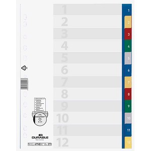 DURABLE Ordnerregister DIN A4 Vollformat 1-12 blau, gelb, rot, grün, grau 12-teilig, 1 Satz
